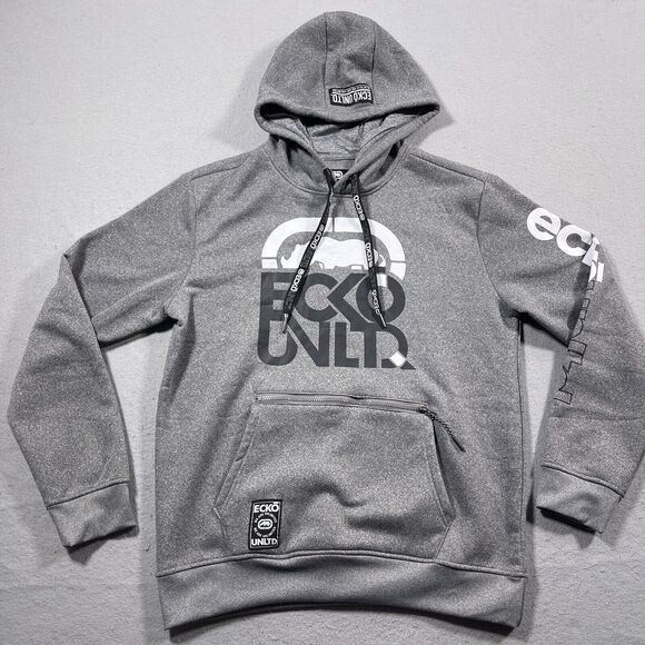 Ecko Unltd Hoodie Men Medium Gray Pullover Big Rhino Logo Skater‎ Grunge - Picture 2 of 11